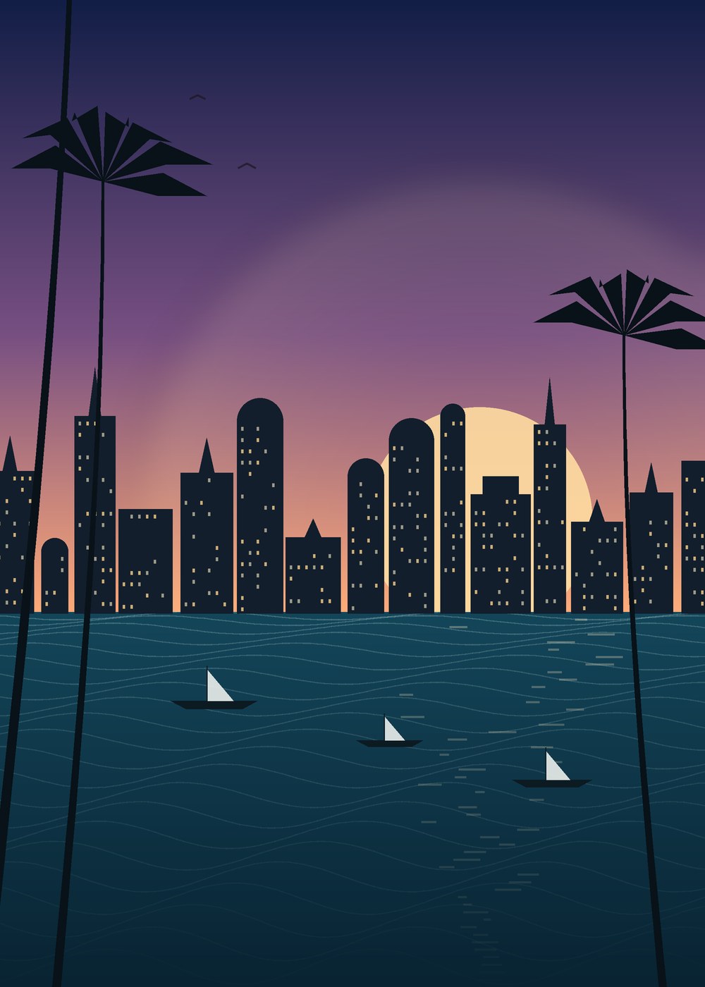 Fort Lauderdale skyline illustration at dusk with yachts on the Intracoastal