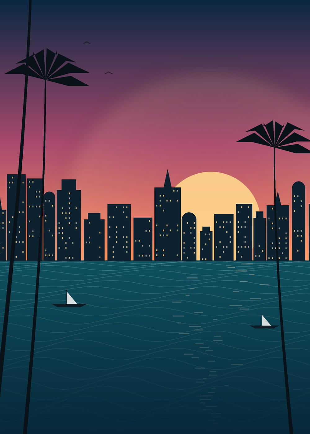 Miami skyline illustration at sunset with palm trees and boats