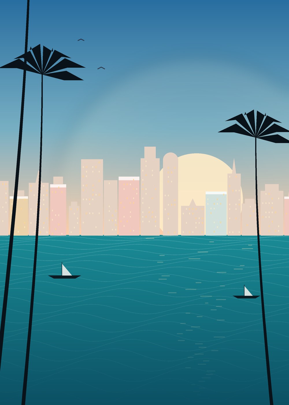 Miami Beach daytime illustration with pastel Art Deco buildings and turquoise water