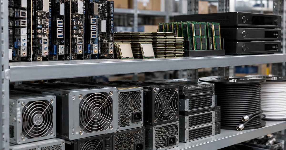 Shelves of salvaged computer motherboards, CPUs, RAM, power supplies, and satellite/cable TV equipment
