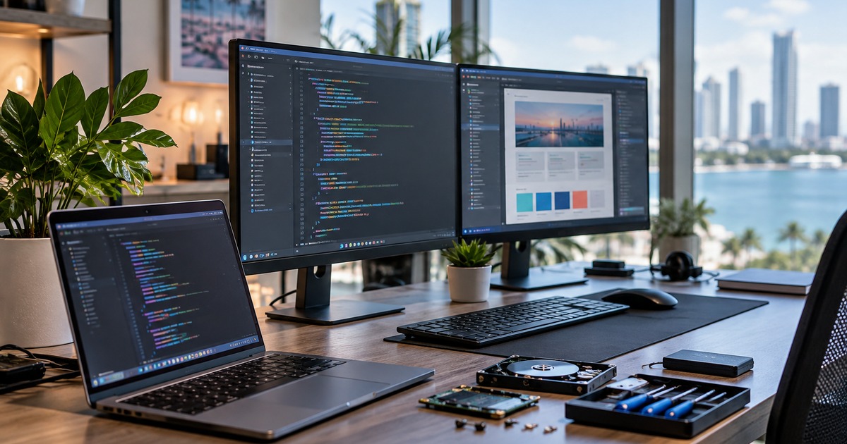 Modern IT consulting desk with dual monitors showing code and website design, repair tools, and the Miami skyline through the window